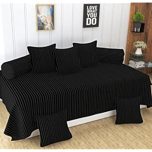 mallowworld beautiful solid satin stripe diwan set covers 8 pieces designer printed standard diwan set with 1 single bedsheet size 60x90 5 cushions covers and 2 bolster covers black color