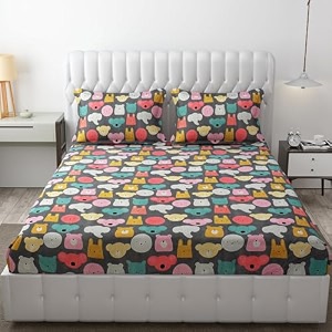 mallowworld cartoon print elastic fitted bedsheets with cotton feel premium glace cotton queen size elastic fitted bedsheet with 2 pillow covers lovely teddy size 72 x 60 x 8 inch