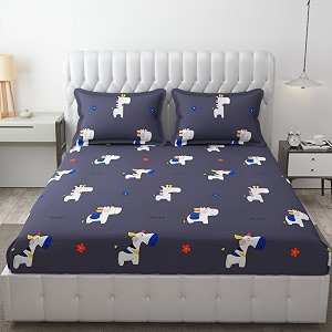 mallowworld cartoon print elastic fitted bedsheets with cotton feel premium glace cotton queen size elastic fitted bedsheet with 2 pillow covers blackdog size 72 x 60 x 8 inch