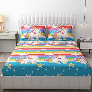 mallowworld cartoon print elastic fitted bedsheets with cotton feel premium glace cotton king bedsheet for double bed elastic fitted with 2 pillow covers golden unicorn size 72 x 78 x 8 inch