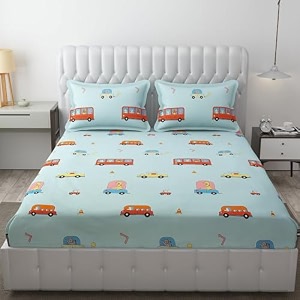 mallowworld cartoon print elastic fitted bedsheets with cotton feel premium glace cotton queen size elastic fitted bedsheet with 2 pillow covers animal schoolbus size 72 x 60 x 8 inch