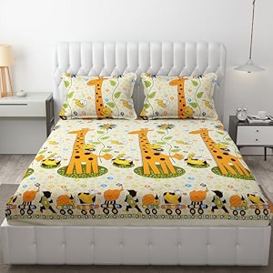 mallowworld cartoon print elastic fitted bedsheets with cotton feel premium glace cotton queen size elastic fitted bedsheet with 2 pillow covers ziraff size 72 x 60 x 8 inch