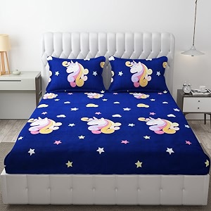 mallowworld cartoon print elastic fitted bedsheets with cotton feel premium glace cotton king bedsheet for double bed elastic fitted with 2 pillow covers blue unicorn size 72 x 78 x 8 inch