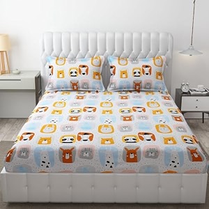 mallowworld cartoon print elastic fitted bedsheets with cotton feel premium glace cotton king bedsheet for double bed elastic fitted with 2 pillow covers white panda size 72 x 78 x 8 inch