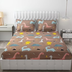 mallowworld cartoon print elastic fitted bedsheets with cotton feel premium glace cotton king bedsheet for double bed elastic fitted with 2 pillow covers dianasour print size 72 x 78 x 8 inch