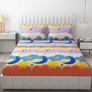 mallowworld cartoon print elastic fitted bedsheets with cotton feel premium glace cotton queen size elastic fitted bedsheet with 2 pillow covers goodnight size 72 x 60 x 8 inch