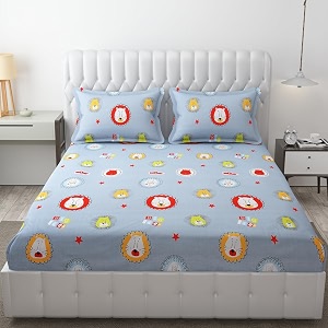 mallowworld cartoon print elastic fitted bedsheets with cotton feel premium glace cotton king bedsheet for double bed elastic fitted with 2 pillow covers jungle lion size 72 x 78 x 8 inch