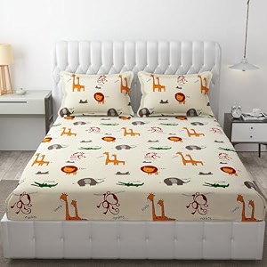 mallowworld cartoon print elastic fitted bedsheets with cotton feel premium glace cotton queen size elastic fitted bedsheet with 2 pillow covers crocodile print size 72 x 60 x 8 inch