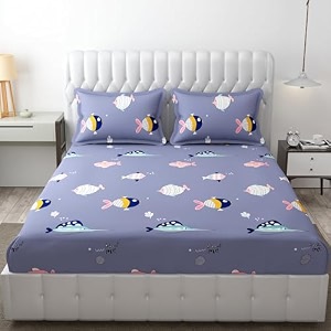 mallowworld cartoon print elastic fitted bedsheets with cotton feel premium glace cotton queen size elastic fitted bedsheet with 2 pillow covers shark print size 72 x 60 x 8 inch