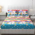 MallowWorld Cartoon Print Elastic Fitted Bedsheets with Cotton Feel Premium Glace Cotton Queen Size Elastic Fitted Bedsheet with 2 Pillow Covers (Golden Unicorn) Size 72 x 60 x 8 inch