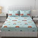 MallowWorld Cartoon Print Elastic Fitted Bedsheets with Cotton Feel Premium Glace Cotton Queen Size Elastic Fitted Bedsheet with 2 Pillow Covers (Animal SchoolBus) Size 72 x 60 x 8 inch