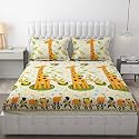 MallowWorld Cartoon Print Elastic Fitted Bedsheets with Cotton Feel Premium Glace Cotton Queen Size Elastic Fitted Bedsheet with 2 Pillow Covers (Ziraff) Size 72 x 60 x 8 inch