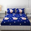 MallowWorld Cartoon Print Elastic Fitted Bedsheets with Cotton Feel Premium Glace Cotton King Bedsheet for Double Bed Elastic Fitted with 2 Pillow Covers (Blue Unicorn) Size 72 x 78 x 8 inch