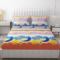 MallowWorld Cartoon Print Elastic Fitted Bedsheets with Cotton Feel Premium Glace Cotton King Bedsheet for Double Bed Elastic Fitted with 2 Pillow Covers (Goodnight) Size 72 x 78 x 8 inch