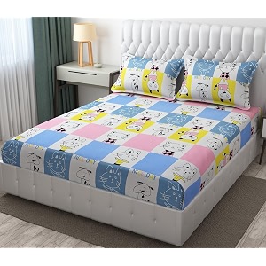 mallowworld cartoon print king size  microfiber bed sheet for double bed  floral design bed spread with 2 pillow covers  wrinkle free hypo-allergenic bedsheetsbedcover 90x95 nice cat