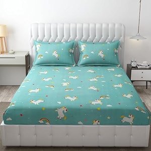 mallowworld cartoon print king size  microfiber bed sheet for double bed  floral design bed spread with 2 pillow covers  wrinkle free hypo-allergenic bedsheetsbedcover 90x95 unicorn