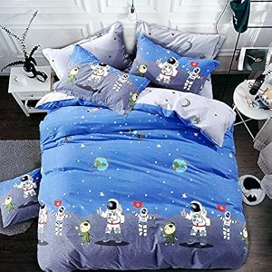 mallowworld kids cartoon blue color kids space printed design bedsheet 1 double bedsheet with 2 pillow covers size 90 inch x 100 inch