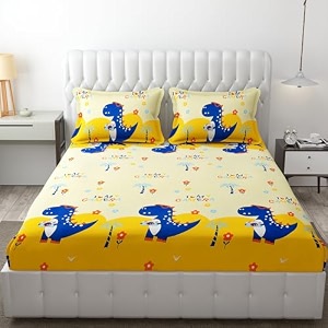 mallowworld kids cartoon dinasaur selfie print bedsheet 1 double bedsheet with 2 pillow covers size 90 inch x 100 inch
