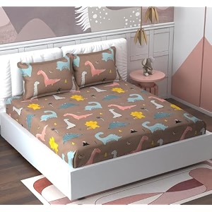 mallowworld kids cartoon dinasour printed 1 double bedsheet with 2 pillow covers size 90 inch x 100 inch