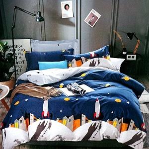mallowworld kids cartoon rocket print blue bedsheet 1 single bedsheet with 1 pillow cover size 60 inch x 90 inch