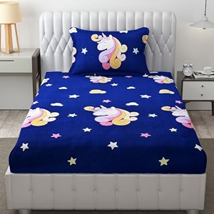 mallowworld kids cartoon unicorn printed black double bedsheet with 1 pillow cover size 60 inch x 90 inch