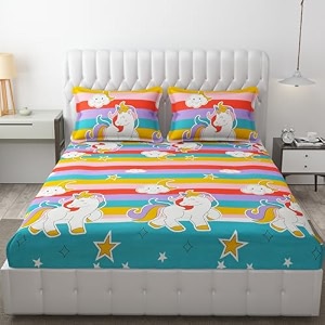 mallowworld kids cartoon unicorn printed multicolor double bedsheet with 2 pillow covers size 90 inch x 100 inch