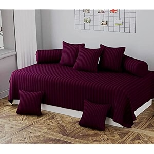 mallowworld microfiber satin stripe diwan set - 8 piece designer printed set with 1 bedsheet 5 cushion covers and 2 bolster covers wine color
