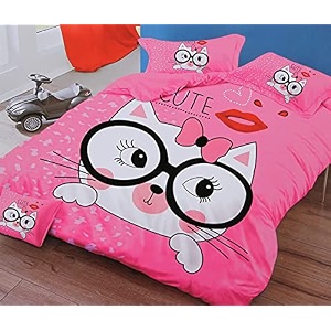 mallowworld kids cartoon beautiful specsy catty print pink bedsheet 1 double bedsheet with 2 pillow covers size 90 inch x 100 inch