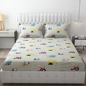 mallowworld cartoon print elastic fitted bedsheets with cotton feel premium glace cotton king bedsheet for double bed elastic fitted with 2 pillow covers jungle crane size 72 x 78 x 8 inch
