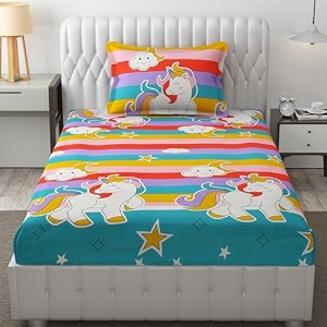 mallowworld polycotton kids cartoon unicorn printed multicolor double bedsheet with 1 pillow covers size 60 inch x 90 inch