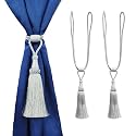 2 Pack Curtain Tiebacks Handmade Shiny Metallic zari Yarns Curtain Tie Backs Holdbacks with Tassel, Curtain Tieback for Home Office Hotel Decor (Metallic Silver)