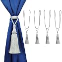 4 Pack Curtain Tiebacks Handmade Shiny Metallic zari Yarns Curtain Tie Backs Holdbacks with Tassel, Curtain Tieback for Home Office Hotel Decor (Metallic Silver)