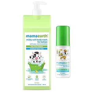 mamaearth soothing baby massage oil with sesame almond amp jojoba oil - 200ml amp milky soft body wash for babies with oats milk and calendula 400 ml