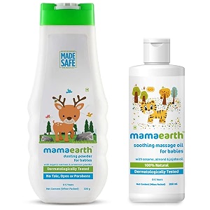 mamaearth soothing baby massage oil with sesame almond amp jojoba oil - 200ml amp mamaearth dusting powder with organic oatmeal amp arrowroot powder for babies - 300g