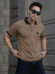 Mameru Solid Men Polo Neck Brown T-Shirt