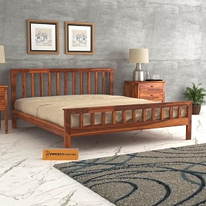 mamta furniture sheesham wood queen size bed  double bed  honey finish  bedroom wooden bed  master bedroom  guest room  diy assembly  with headboard