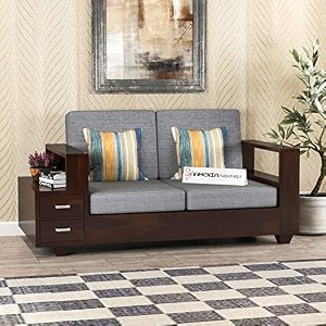 mamta furniture solid sheesham wood 2 seater sofa  walnut finish  wooden loveseat  compact two seater couch set  living room  drawing room  without pillow