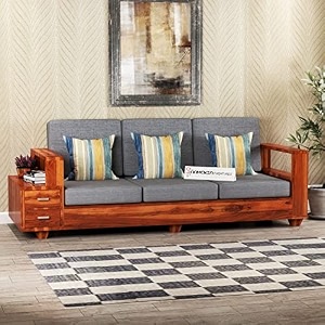 mamta furniture solid sheesham wood 3 seater sofa set with 2 shelf drawers  brown finish  wooden couch with storage  living room  drawing room  without pillow