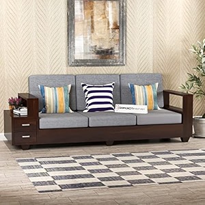mamta furniture solid sheesham wood 3 seater sofa set with attached 2 shelf drawers  walnut finish  wooden lounge seating  living room  drawing room