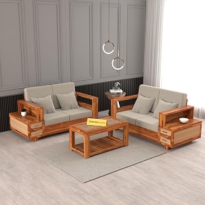 mamta furniture solid wood 6 seater sofa set 321 for living room with storage drawers wooden couch and armchair with cushions seating for home office and drawing hall oak finish