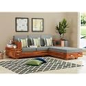 Mamta Furniture Solid Wood L Shape Sofa Set for Living Room with Storage Drawer, 5 Seater Wooden Corner Sofa with Cushions, Modern Sectional Couch for Home Office and Hall, Teak Finish