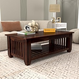 mamta furniture vesta solid sheesham wood coffee table  44 x 22 x 16 inches  solid wood center table with shelf  premium living room furniture  walnut finish