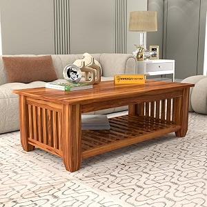 mamta furniture vesta solid sheesham wood coffee table  44 x 22 x 16 inches  solid wood center table with shelf  premium living room furniture  honey finish