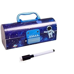 plastic pen pencil box suitcase style password lock pencil case multi-layer pencil box stationary organizer case for boys girls kids astronaut blue