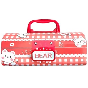 manaki enterprise plastic pen amp pencil box suitcase style password lock case multi-layer organizer for kids boys girls - return gift bear red