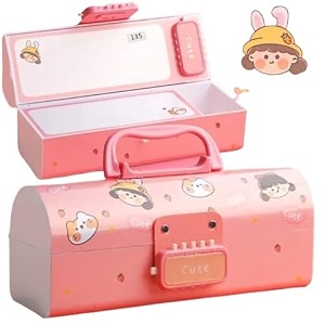 plastic pen pencil box suitcase style password lock pencil case multi-layer pencil box stationary organizer case for boys girls kids cute pink pencil case