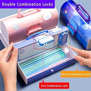 plastic pen pencil box suitcase style password lock pencil case multi-layer pencil box stationary organizer case for boys girls kids lucky purple pencil case
