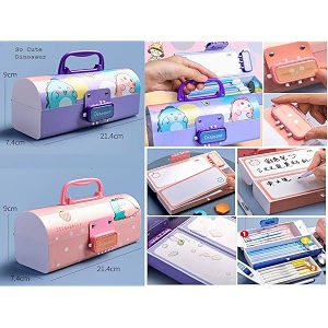 plastic pen pencil box suitcase style password lock pencil case multi-layer pencil box stationary organizer case for boys girls kids dinosaur purple pencil case