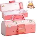 Plastic Pen Pencil Box Suitcase Style Password Lock Pencil Case Multi-Layer Pencil Box Stationary Organizer Case for Boys Girls Kids (Cute Pink Pencil Case)