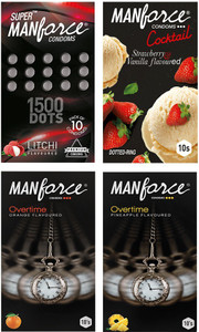 manforce fruit basket combo pack 3in1 overtime orange 3in1 overtime pineapple extra dotted litchi  cocktail strawberry  vanilla with dotted rings - 40 pieces pack of 4 condom
